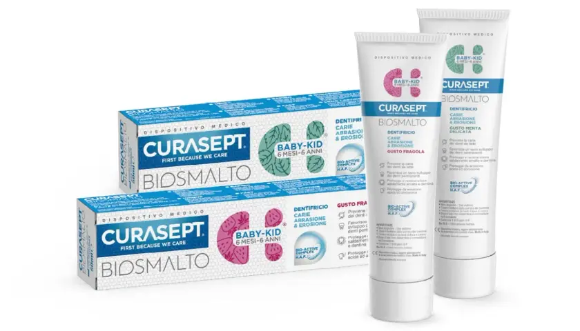 Curasept Biosmalto Baby-Kid, ideale per la cura dei denti in gravidanza e per i più piccoli. Gusti fragola e menta.