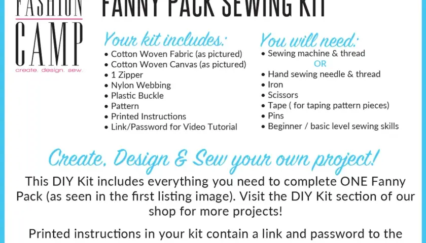 Zestaw do szycia nerki Fashion Camp: zawiera materiały i instrukcje.