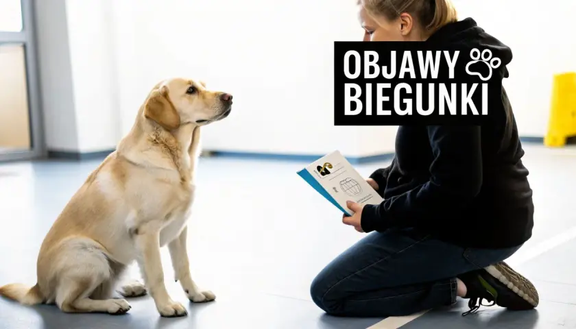 Labrador czeka na instrukcje, jak leczyć ludzkie leki na biegunkę dla psa. Na ekranie widnieje napis "Objawy biegunki".