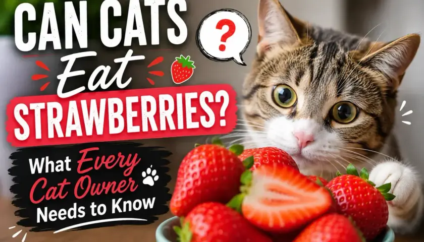 Curious cat eyes a bowl of strawberries, asking "Can cats eat strawberries?" Learn what every cat owner needs to know about this fruity question.