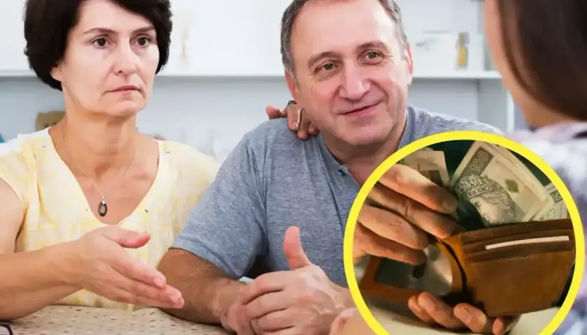 Rodzice rozmawiają o finansach, w tle widać portfel z pieniędzmi. Czy to zapowiedź 13 emerytury 2026? Tabela z wypłatami.