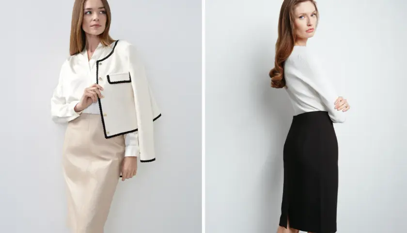 Dwie kobiety prezentują eleganckie stylizacje ze spódnicą ołówkową. Jedna w beżowej, druga w czarnej.