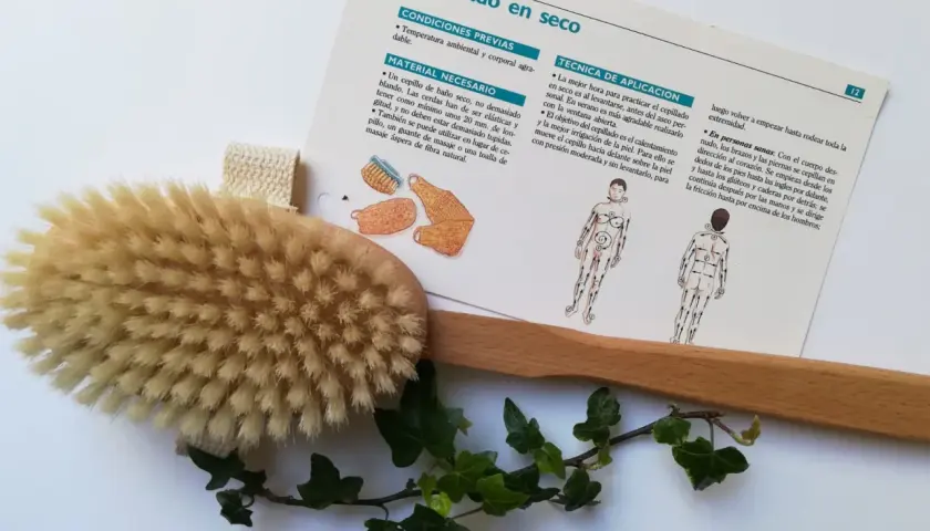 Cepillo de madera con cerdas naturales y hojas de hiedra, junto a un folleto sobre cepillado en seco.