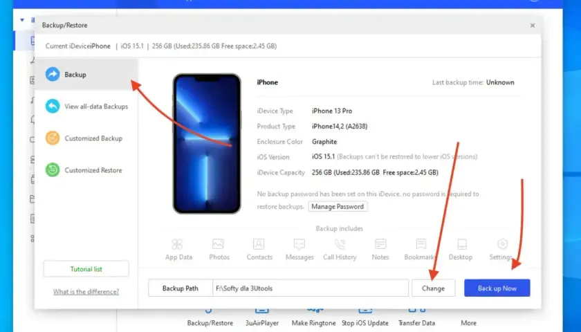 Ekran programu 3uTools pokazuje proces tworzenia kopii zapasowej iPhone'a 13 Pro. Kliknij "Back up Now" dla tworzenia kopii zapasowej.