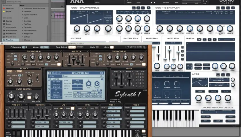 Interface de synthétiseur virtuel, avec des contrôles pour les oscillateurs, filtres et effets. Un plugin fl studio gratuit pour créer des sons.