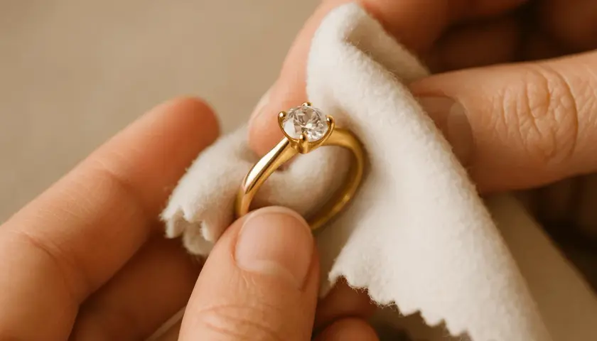 Delikatne czyszczenie złotego pierścionka z diamentem miękką ściereczką.