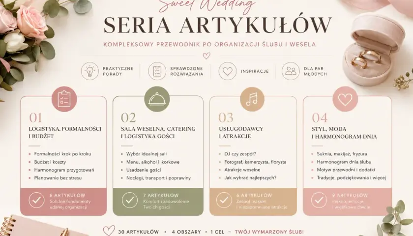 Przewodnik po przygotowaniach do ślubu: logistyka, sala, usługodawcy i styl. Wszystko, by Twój wymarzony ślub był idealny.