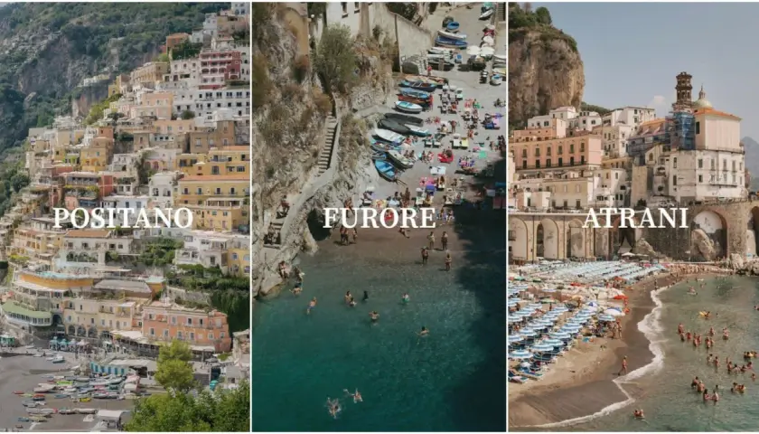 Positano, Furore, and Atrani are towns that make up the Amalfi Coast, showcasing stunning cliffside villages and vibrant beaches.