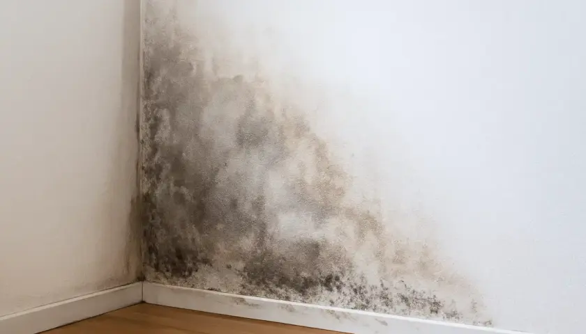 Schimmelbefall in einer Raumecke, deutet auf eine hohe Wandfeuchte von 25 Prozent hin.