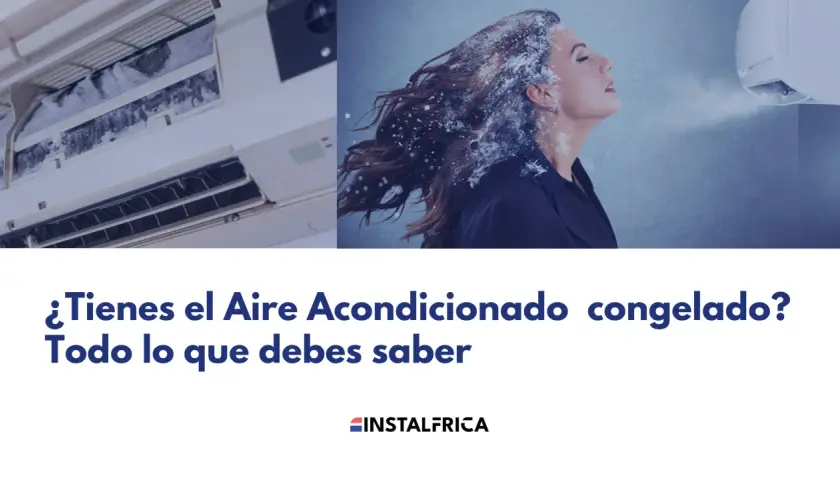 Unidad interior de aire acondicionado con hielo. Una mujer con nieve en el cabello recibe aire frío.