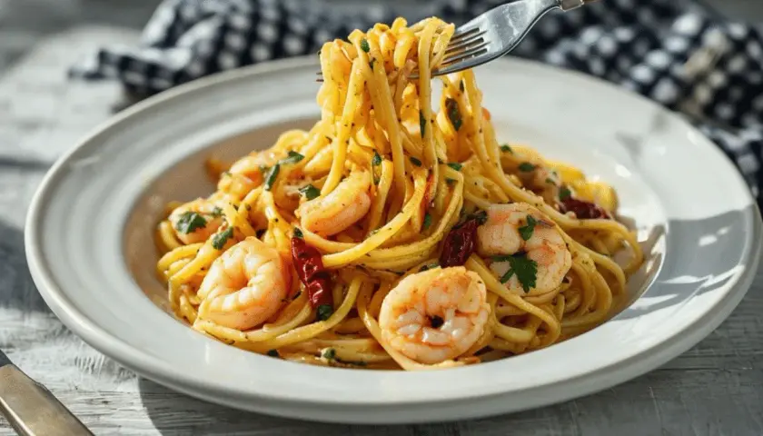 Espaguetis con gulas, gambas y guindilla, servidos en un plato blanco. Un tenedor levanta un bocado de pasta.