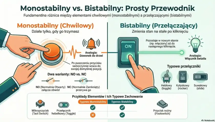 Ilustracja porównuje przycisk monostabilny (działa, gdy trzymany, jak dzwonek) z przełącznikiem bistabilnym (zmienia stan, jak włącznik światła).
