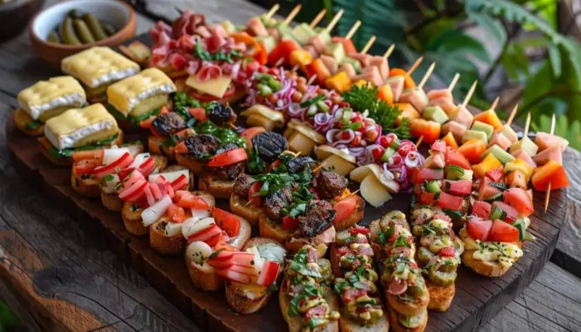 Plateau d'apéro dinatoire pour 15 personnes : brochettes colorées, bruschettas garnies, fromages et charcuteries. Un festin visuel !