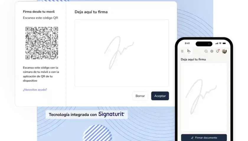 Interfaz para firmar documentos digitalmente. Muestra un código QR para firmar desde el móvil y un campo para dibujar la firma. Se puede cambiar la firma si no es correcta.