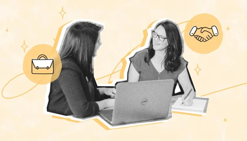 Dos mujeres revisan un contrato de trabajo online. Una escribe en una tableta mientras la otra mira un portátil. Un icono de maletín y un apretón de manos simbolizan el acuerdo.