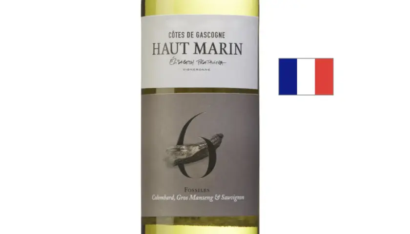 Haut Marin, ett vitt vin från Gascogne, perfekt vin till lax. Flaska med fransk flagga.