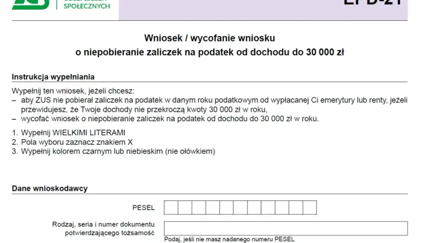 Formularz ZUS EPD-21: wniosek o niepobieranie zaliczek na podatek dochodowy do 30 000 zł. Instrukcja wypełniania i dane wnioskodawcy.