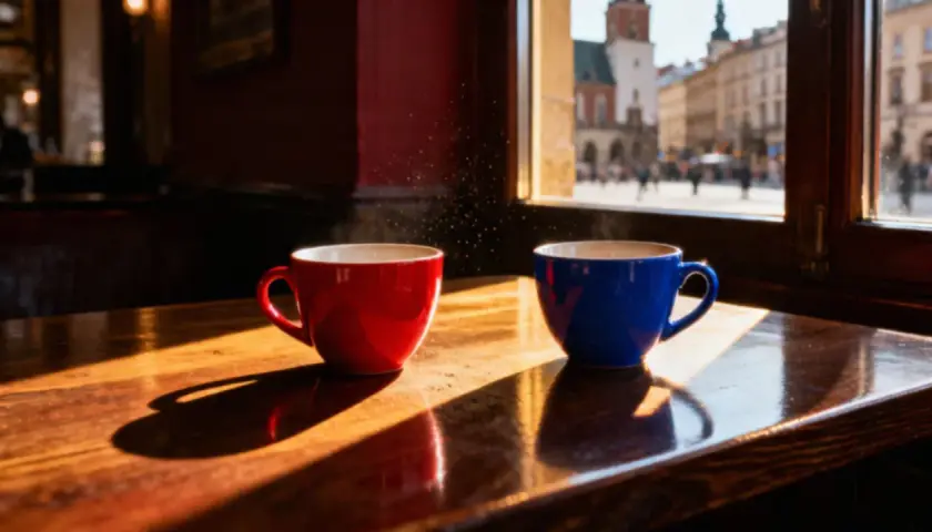 Dwie parujące filiżanki kawy na drewnianym blacie. Czy jestem dla niego koleżanką, czy kimś więcej? Słońce wpada przez okno, oświetlając stolik i tworząc długie cienie.
