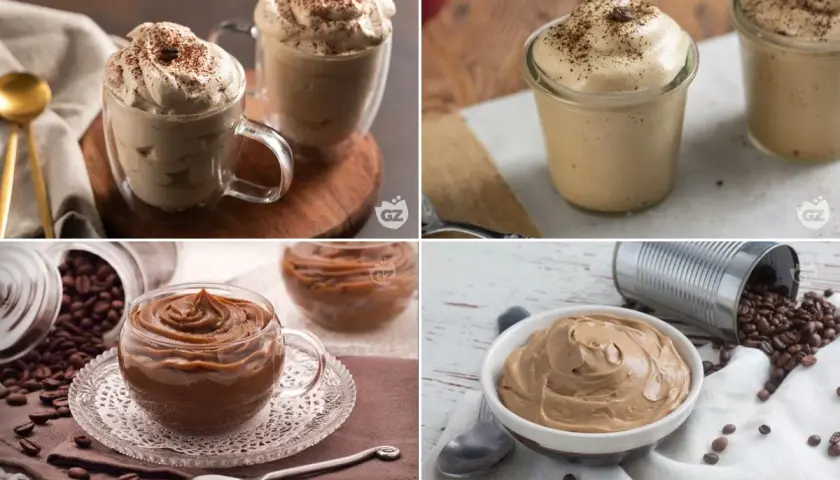 Quattro deliziose versioni di crema al caffè, alcune spolverate di cacao, altre con chicchi di caffè, in bicchieri e ciotole.