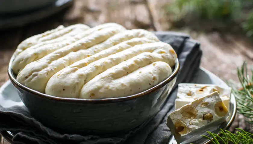 Crema torrone soffice in ciotola, con pezzi di torrone alle nocciole accanto.