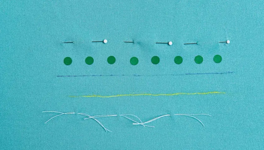 Tissu bleu turquoise avec des épingles, des ronds verts, des traits bleus, jaunes et des fils blancs.
