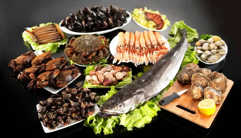 Abundante mesa de mariscos gallegos: ostras, navajas, mejillones, gambas, pulpo, nécoras, centollo y pescado fresco.