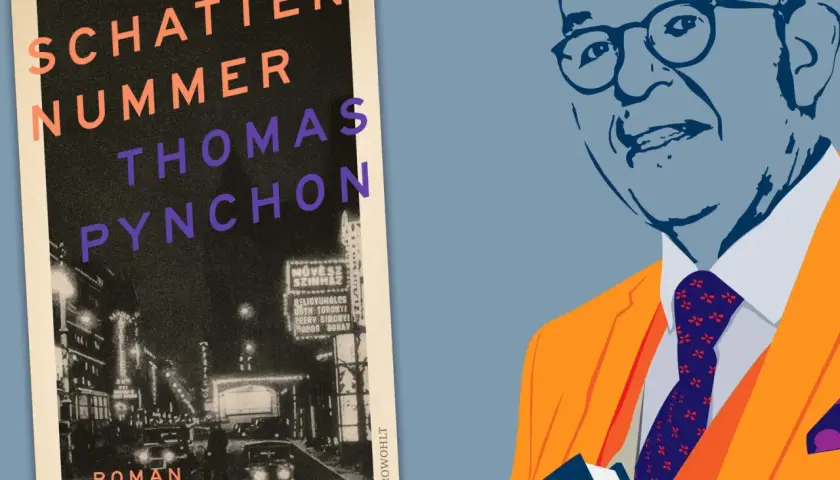 Buchcover "Schatten Nummer" von Thomas Pynchon neben einem Porträt des Autors.
