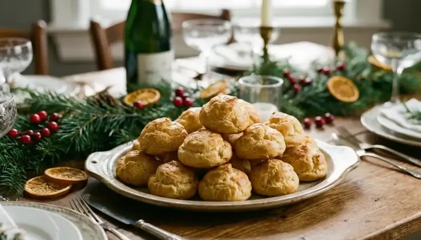 Pile de gougères au fromage dorées sur un plat, décorées de sapin et d'oranges séchées. Une table de fête prête à accueillir.