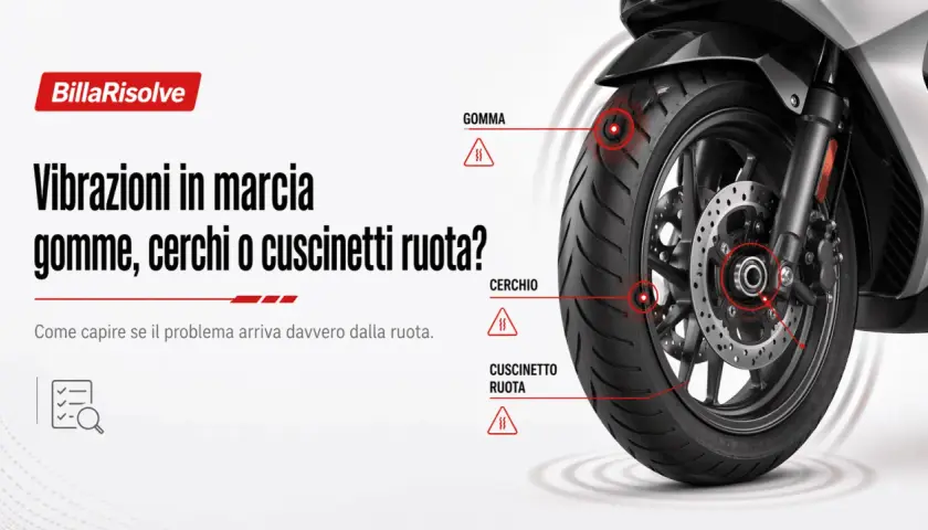 Ruota di scooter con indicazioni su gomma, cerchio e cuscinetto ruota. Possibile rumore cuscinetto ruota?