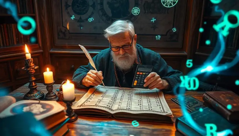 Starsza osoba z piórem i kalkulatorem zgłębia tajemnice numerologii 11, otoczona świecami i mistycznymi symbolami.
