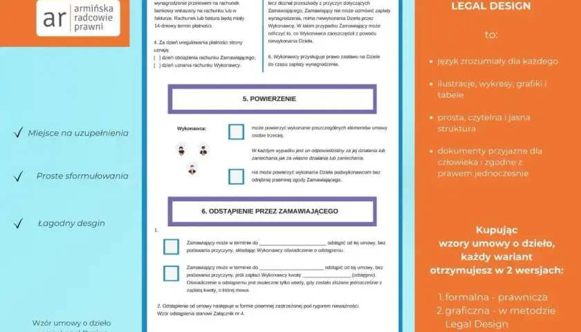 Wzór umowy o dzieło w wersji Legal Design: przejrzyste zasady, proste sformułowania i łagodny design. Dokumenty zgodne z prawem.