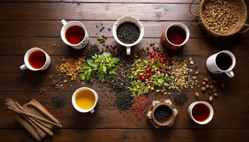 Tasses de thé noir fumant, entourées d'herbes fraîches, de baies rouges et de feuilles séchées. Une invitation à savourer une infusion réconfortante.