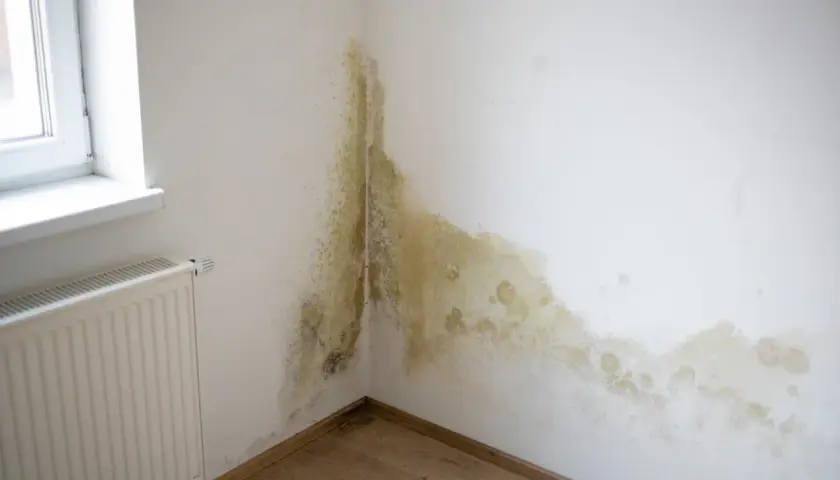 Plamy pleśni na rogu ściany, obok kaloryfera i okna. Potrzebny preparat na grzyba na ścianie.