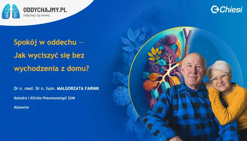 Starsze małżeństwo z troską o oddech. Grafika płuc i roślinności symbolizuje zdrowie. Głośny oddech może być sygnałem do działania.