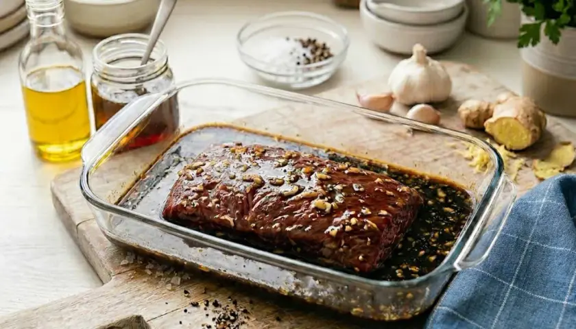 Un morceau de bœuf est plongé dans une marinade savoureuse, prêt à être cuit. Huile, ail, gingembre et épices sont les ingrédients clés de cette marinade boeuf.