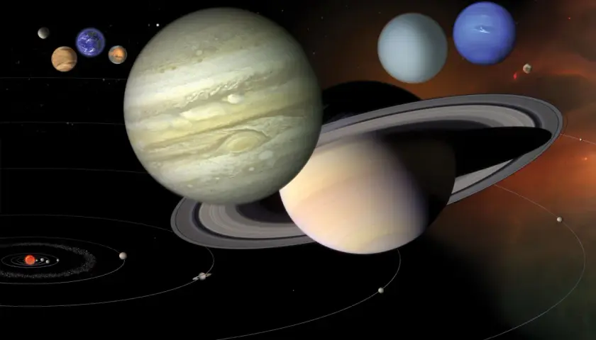 Układ Słoneczny z planetami w ruchu. Widoczne Słońce, planety skaliste, pas asteroid, gazowe olbrzymy i lodowe olbrzymy, wszystkie na swoich orbitach.