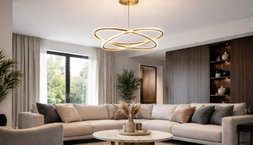 Nowoczesny salon z narożną sofą i okrągłym stolikiem. Centralnym punktem jest designerska lampa, która daje idealne światło, zastanawiasz się jaka moc żarówki led do salonu będzie najlepsza?