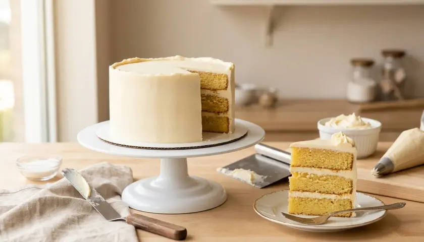 Un gâteau à étages recouvert d'une délicieuse crème de couverture, prêt à être dégusté. Une part est déjà coupée.