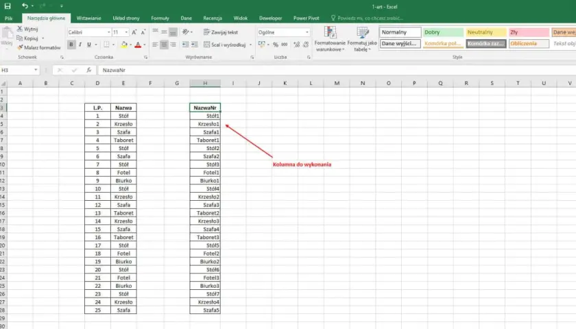 Arkusz Excel z listą mebli i ich numeracją. Kolumna "NazwaNr" zawiera nazwy mebli z dodanymi cyframi, np. "Stół1". Można tu liczyć warunki Excel.