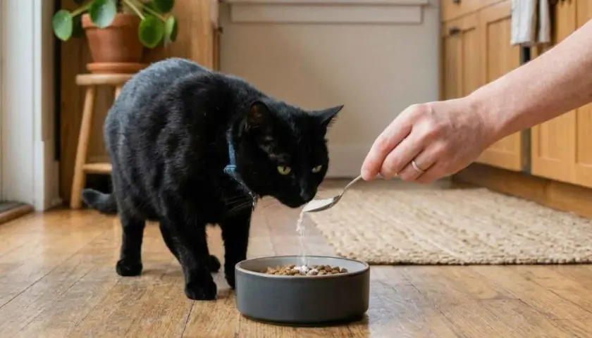 Un gato negro curioso huele una cuchara con suplemento de taurina que se añade a su comida.