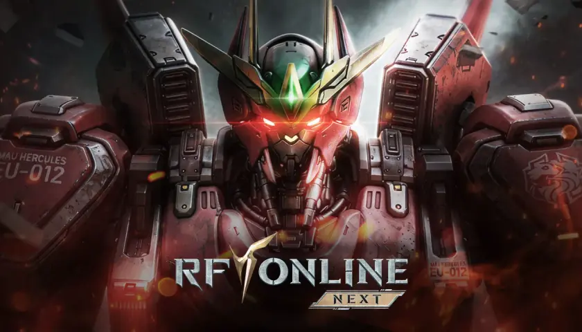 Czerwony mech z płonącymi oczami, gotowy do walki na serwerach PvP z botami. Logo RF Online Next.