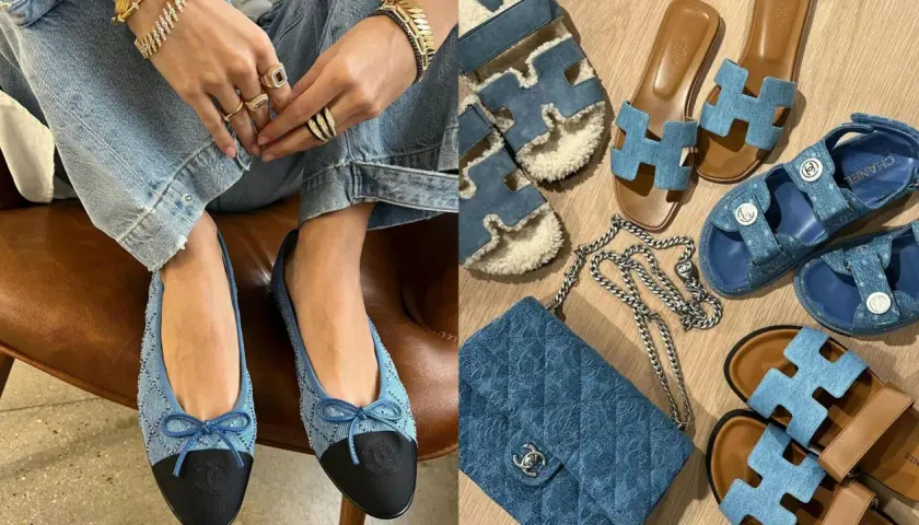 Collection de chaussures en jeans pour femme : ballerines Chanel, sandales Hermès et un sac matelassé.
