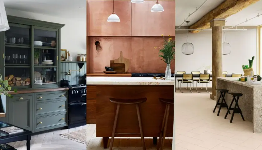 Three distinct kitchens showcase natural wood kitchen design: a sage green hutch, a copper-clad cooking area, and a modern space with exposed beams and a terrazzo island.