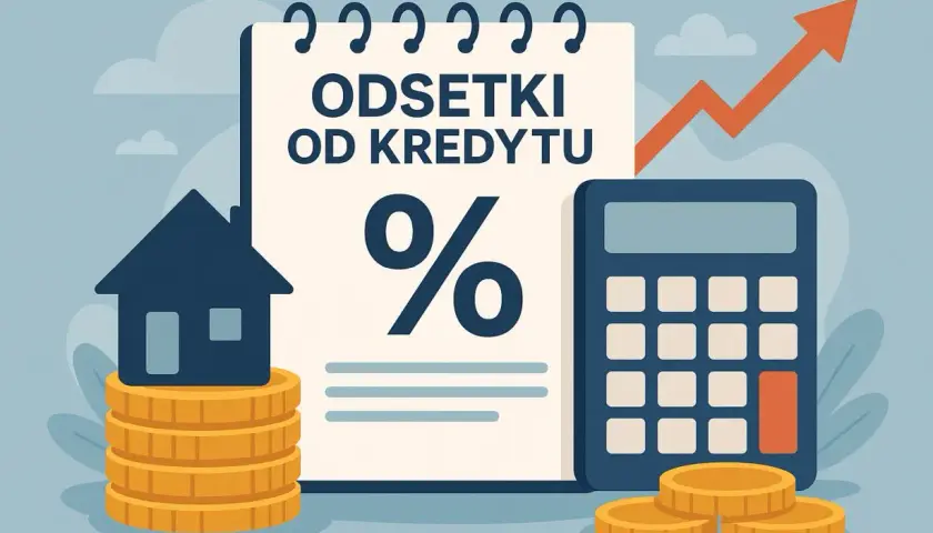 Ilustracja pokazuje jak obliczyć oprocentowanie kredytu: dom na monetach, kalkulator, wykres wzrostu i symbol procentu na kartce.
