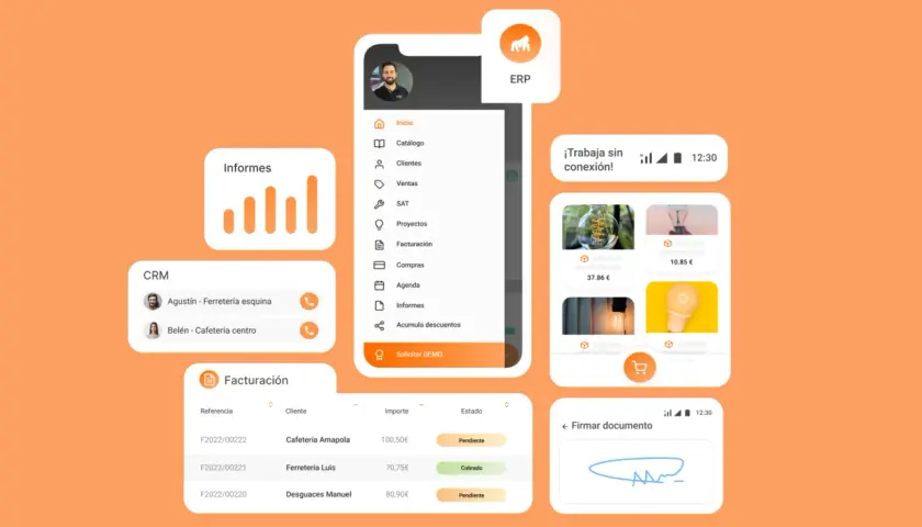 Interfaz de ERP para organizar documentos, con módulos de informes, CRM y facturación.