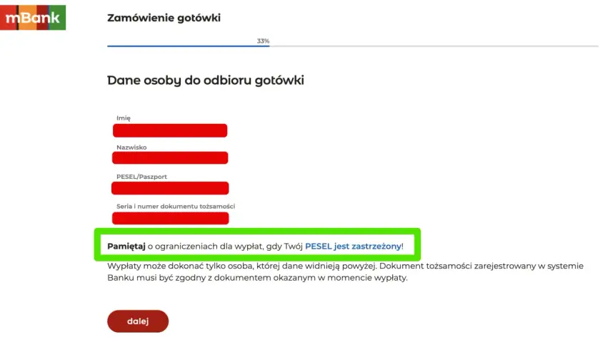 Formularz zamówienia gotówki. Pole na PESEL/Paszport. Pamiętaj o ograniczeniach dla wypłat, gdy Twój PESEL jest zastrzeżony!
