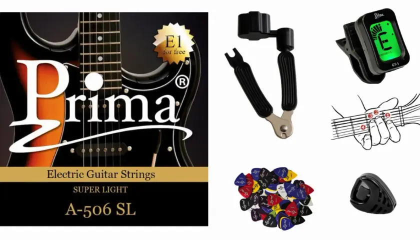 Zestaw do nauki, jak założyć struny do gitary elektrycznej: gitara, struny, klucz do naciągania, kostki, tuner i schemat chwytu.