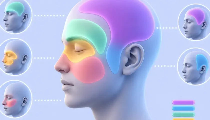 Illustration montrant les zones du visage et de la tête associées aux maux de tête, pour comprendre comment faire passer un mal de tête.