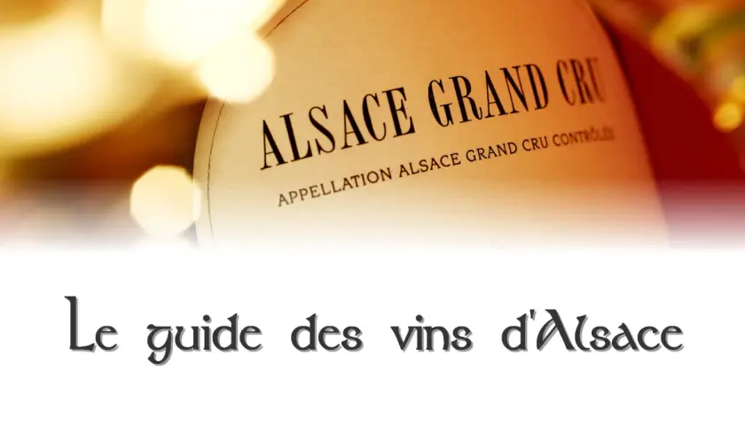 Étiquette "Alsace Grand Cru" sur une bouteille, évoquant un millésime d'Alsace. Le texte "Le guide des vins d'Alsace" apparaît en bas.