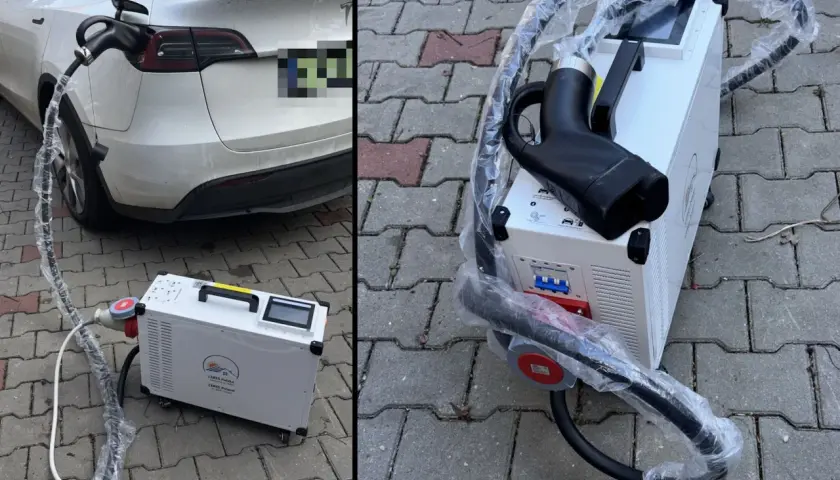Domowa stacja ładowania samochodów elektrycznych cena. Biała Tesla podłączona do ładowarki na kostce brukowej.